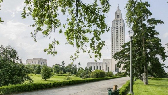 view of Baton Rouge skyline from a park